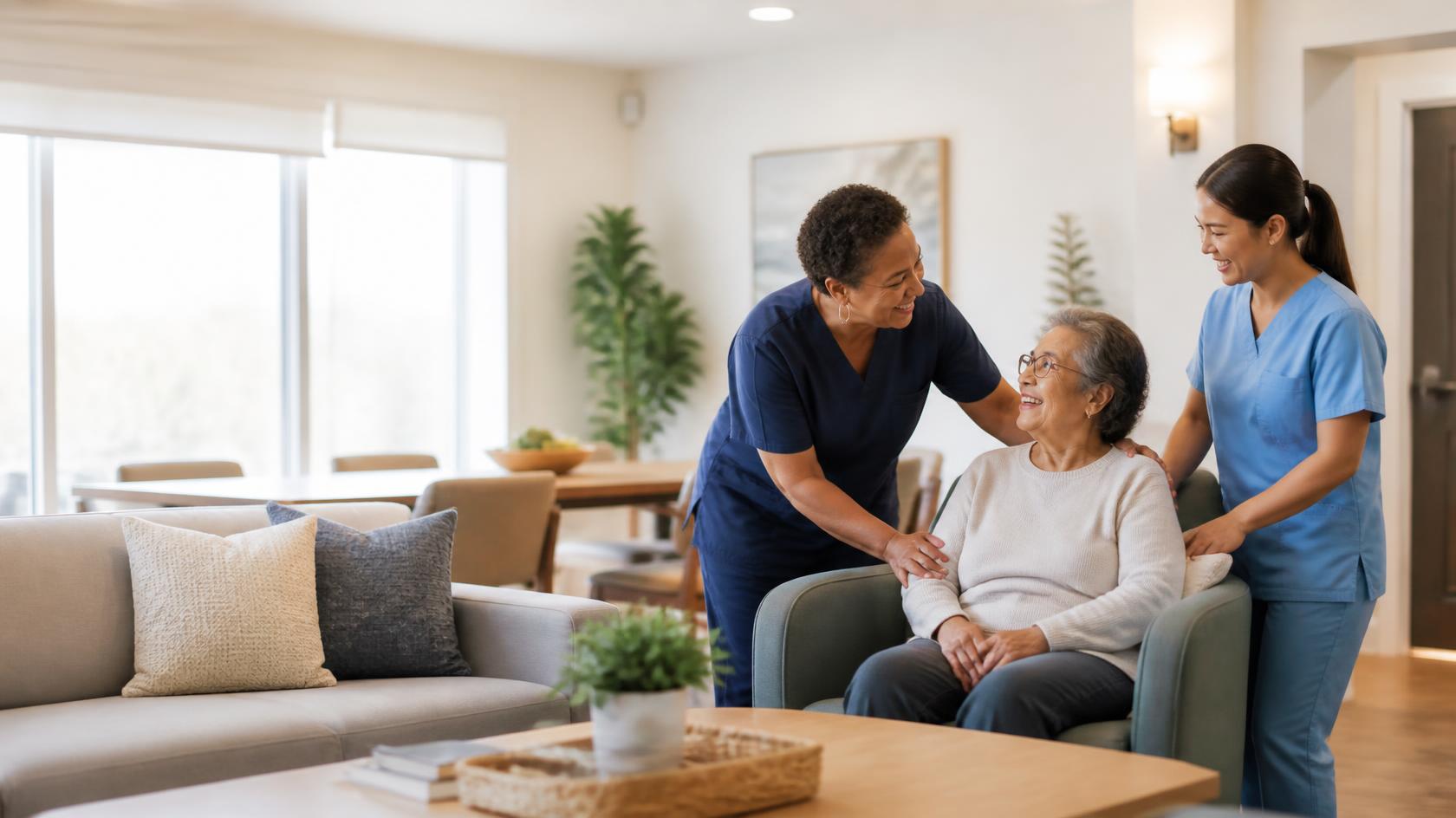 Two caregivers with a smiling elderly resident in the living room of a residential adult family home.